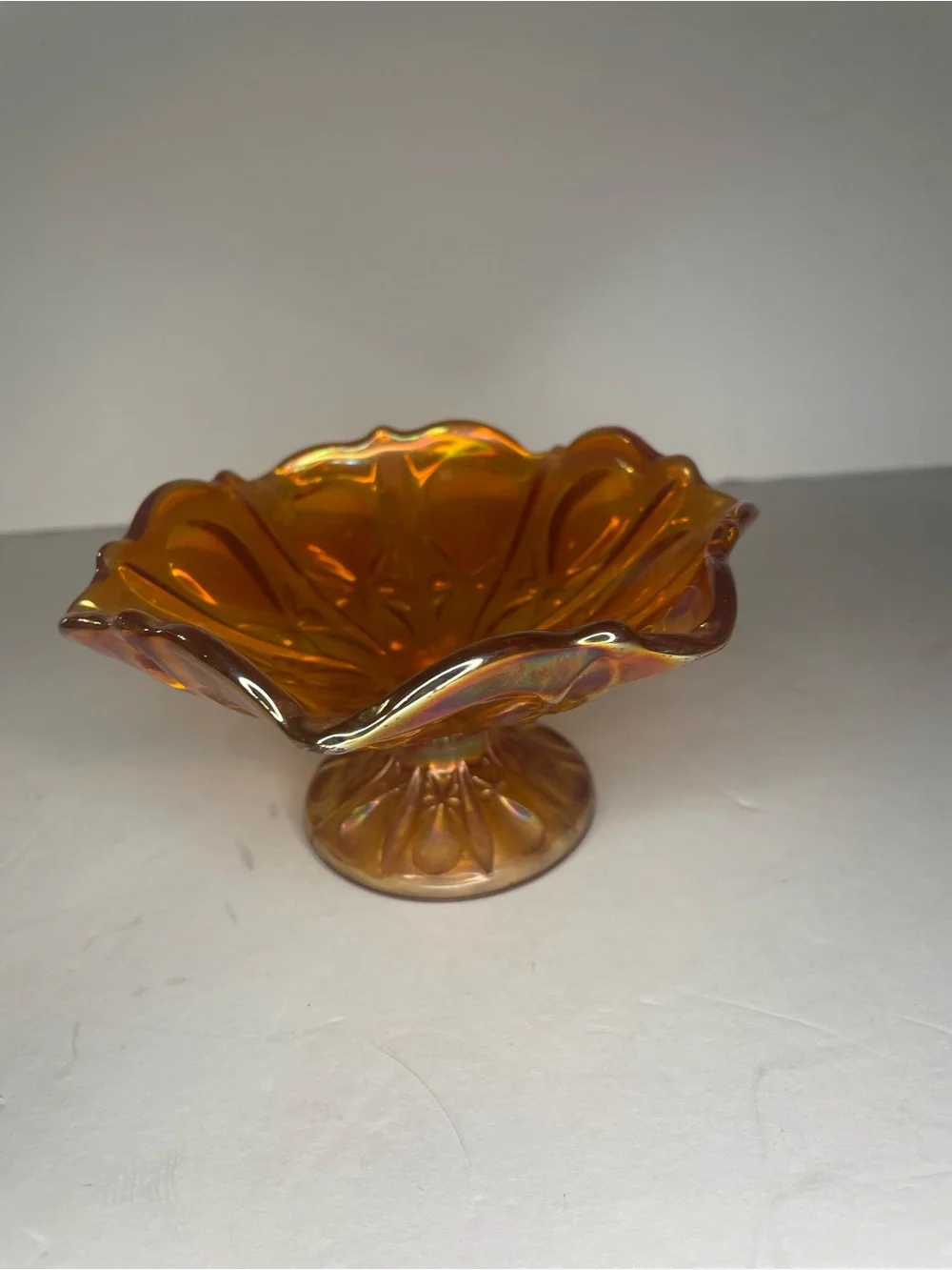 Carnival Glass Amber Iridescent Pedestal Candy Dish